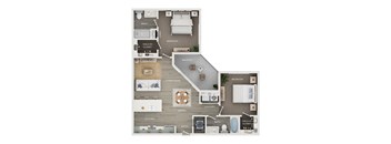 A floor plan of a house with a balcony, two bedrooms, a living room, a dining area, a kitchen, a laundry room, and a bathroom.