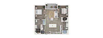 A floor plan of a house showing a balcony, two bedrooms, a living room, a kitchen, a bathroom, and a walk-in closet.