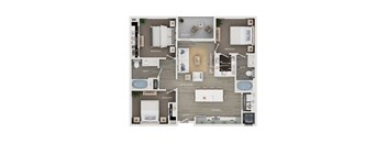 A floor plan of a house with a living room, kitchen, and four bedrooms.