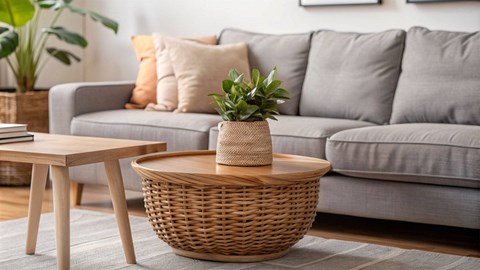 A living room with a grey sofa, a small wooden table, and a wicker basket with a plant on it.