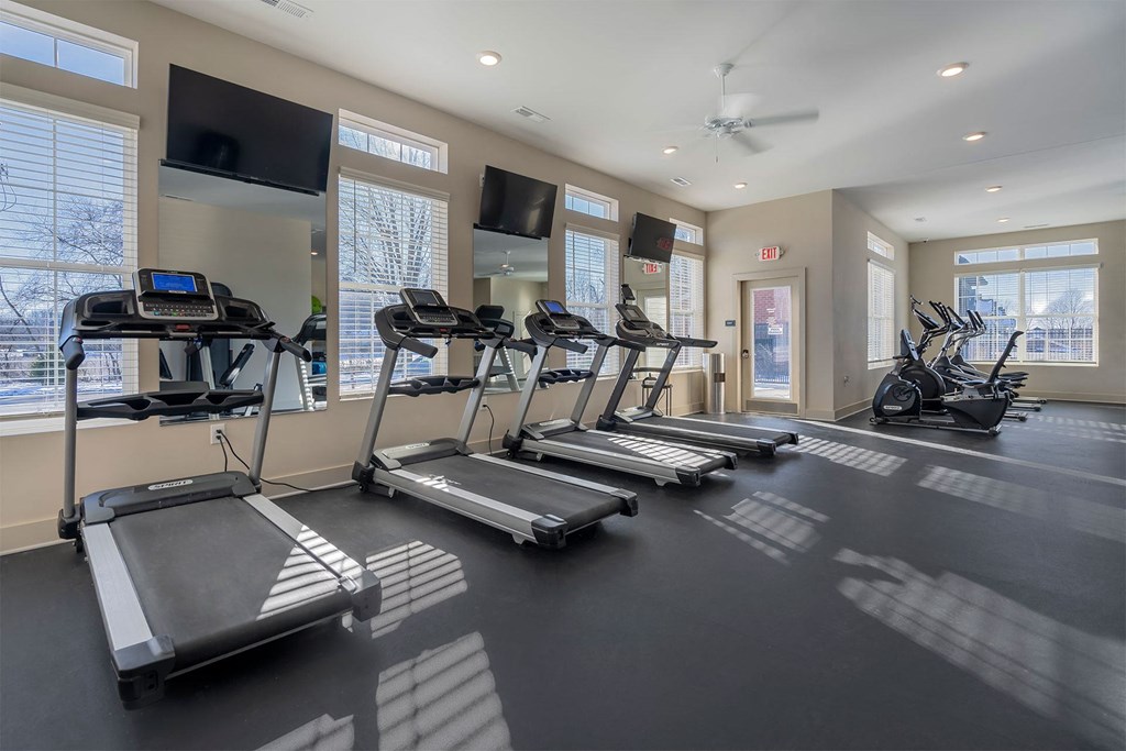 A gym with treadmills and elliptical machines.