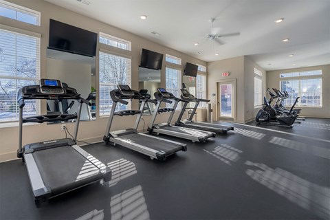 A gym with treadmills and elliptical machines.