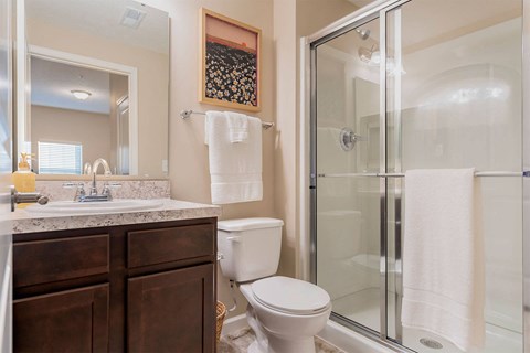 A bathroom with a toilet, sink, and shower.