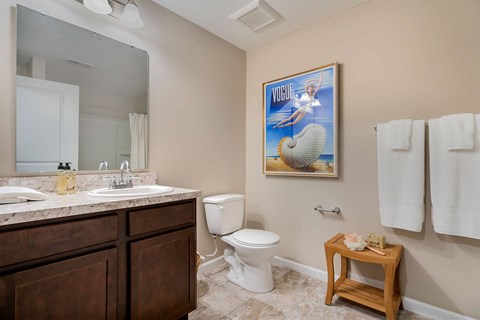 A bathroom with a white toilet, a sink with a brown counter, and a painting on the wall.