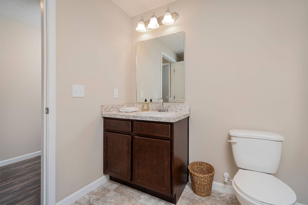 A bathroom with a white toilet, a brown cabinet, and a mirror above the sink.