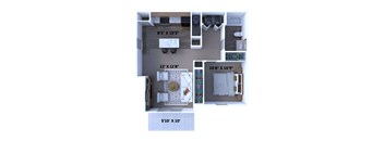 A floor plan of a small apartment with a kitchen, living room, and bathroom.