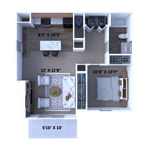 A floor plan of a small apartment with a kitchen, living room, and bathroom.