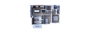 A floor plan of a house with a living room, kitchen, and two bedrooms.