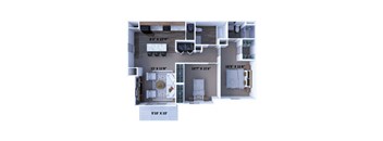 A floor plan of a house with a living room, kitchen, and two bedrooms.