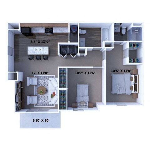 A floor plan of a house with a living room, kitchen, and two bedrooms.