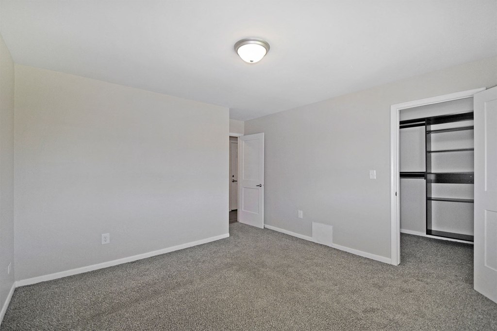an empty room with white walls and carpet and a closet