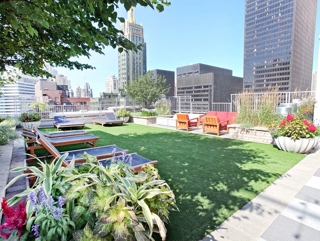 a roof top garden with a lawn and picnic tables