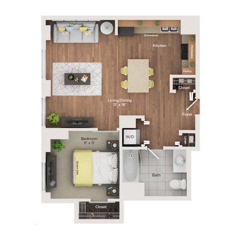 a 1 bedroom floor plan with a bathroom and a living room