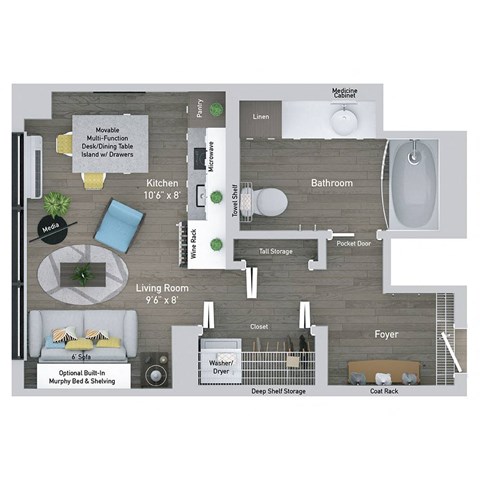 A floor plan of a small apartment with a living room, kitchen, and bathroom.