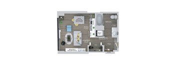 A floor plan of a house with a living room, kitchen, bathroom, and bedrooms.