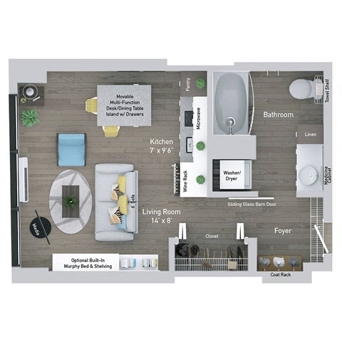 A floor plan of a house with a living room, kitchen, bathroom, and bedrooms.