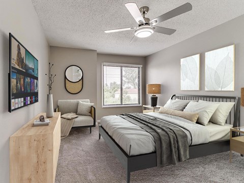 a bedroom with a bed and a ceiling fan