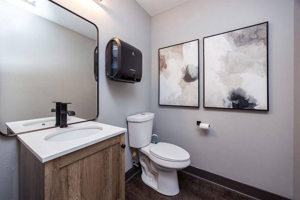 A bathroom with a toilet, sink, mirror, and two paintings on the wall.