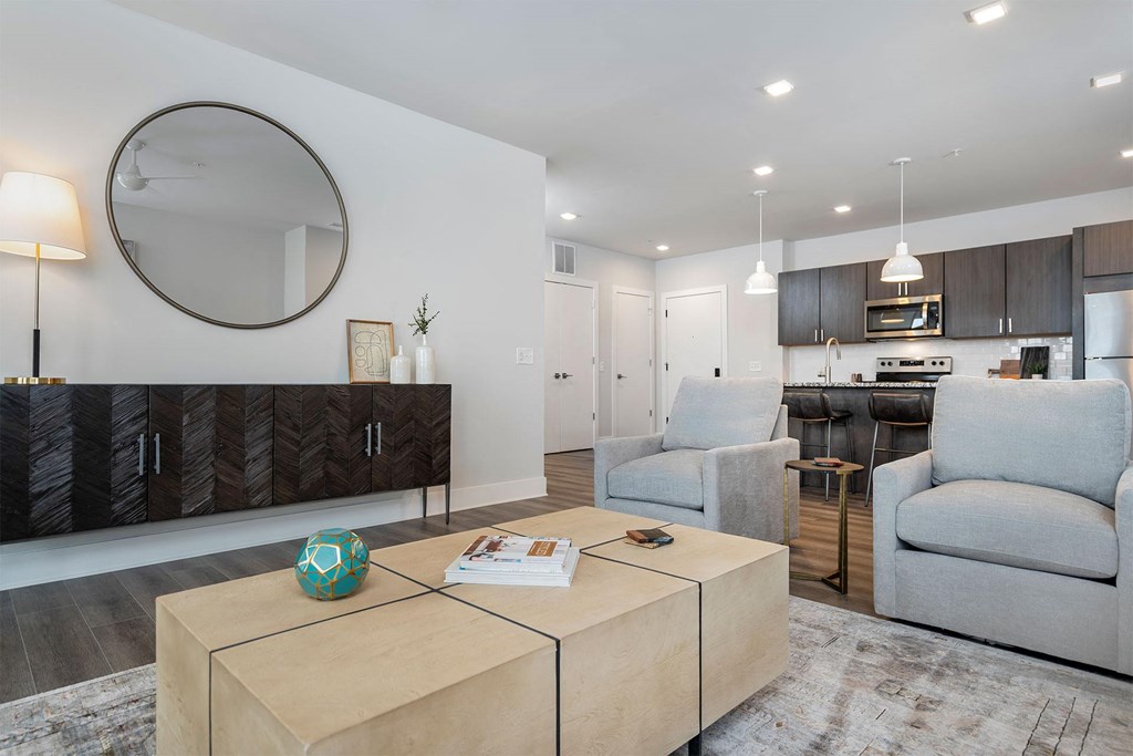 a living room with a couch and a table
