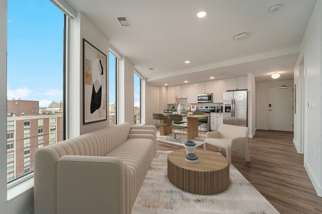 a living room with a couch and a table