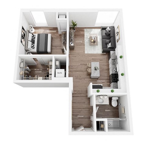 a stylized floor plan with a bedroom and a living room