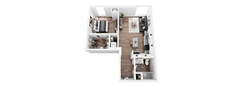 a stylized floor plan with a bedroom and a living room