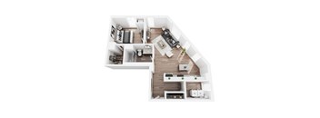 a stylized floor plan with a bedroom and a living room