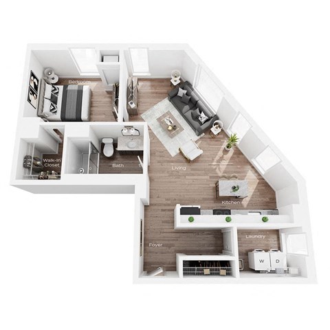 a stylized floor plan with a bedroom and a living room