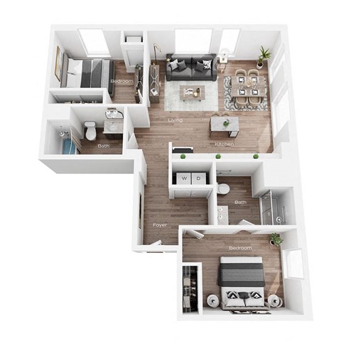 a stylized floor plan with a bedroom and a living room