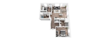 a stylized floor plan with a bedroom and a living room