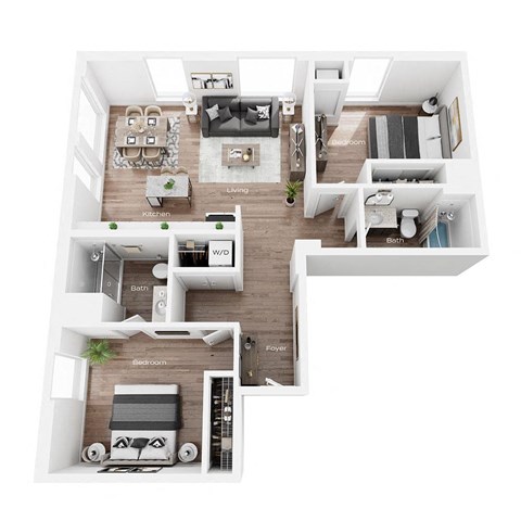 a stylized floor plan with a bedroom and a living room