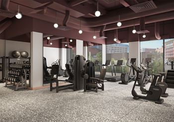 a rendering of a gym with weights and cardio machines