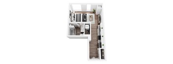 a stylized floor plan with a bedroom and a living room