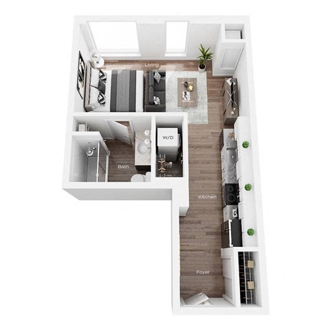 a stylized floor plan with a bedroom and a living room