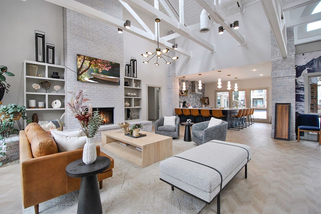 a living room with a couch and a table