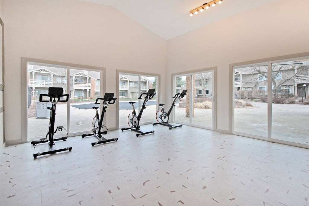 a gym with cardio equipment in a large room with windows