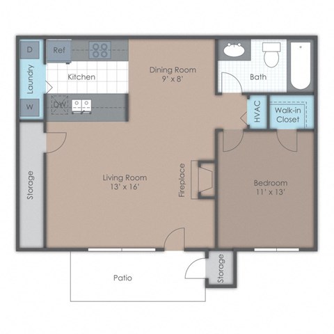 floor plan of a 1 bed 1 bath apartment