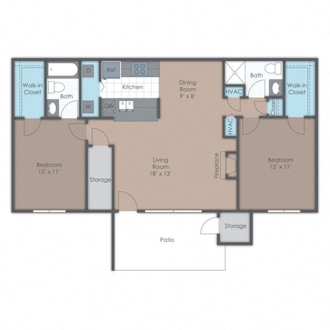 floor plan of a 2 bed 2 bath apartment