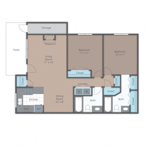 floor plan of a 2 bed 2 bath apartment