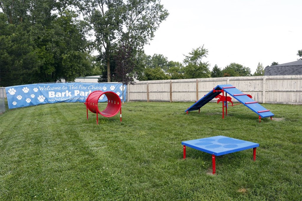 a childrens play area in a yard with a blue and red trampoline
