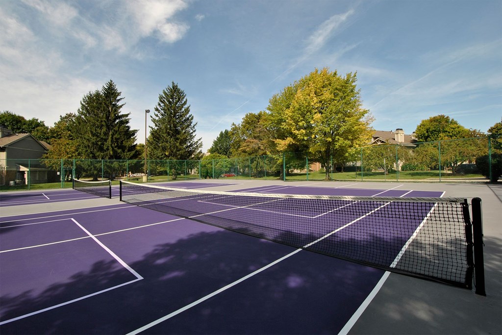 two tennis courts with trees and houses in the background on a sunny day