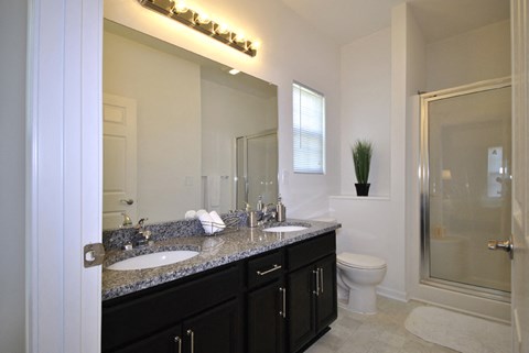 A bathroom with a double sink vanity and a large mirror above it.