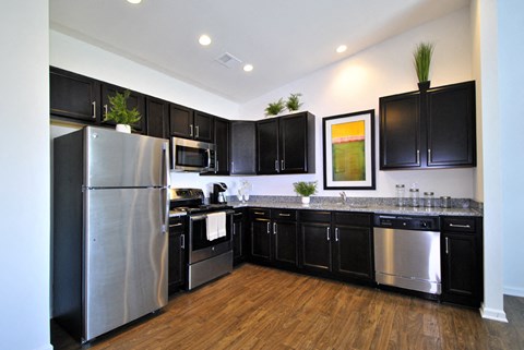 A modern kitchen with black cabinets and stainless steel appliances.