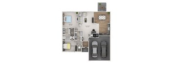 A floor plan of a house showing a living room, dining room, kitchen, two bedrooms, a garage, and a patio.