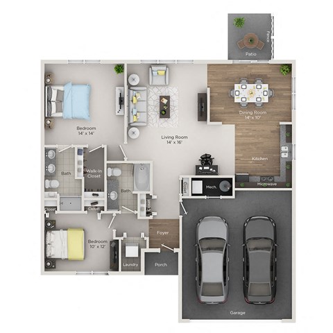 A floor plan of a house showing a living room, dining room, kitchen, two bedrooms, a garage, and a patio.