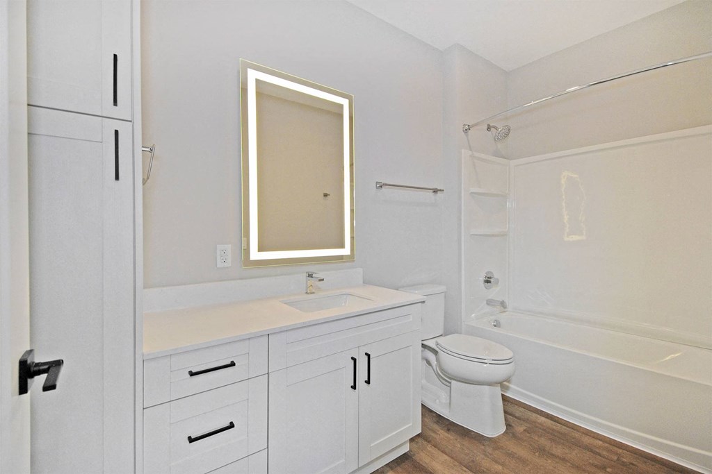 a bathroom with white cabinets and a mirror and a toilet