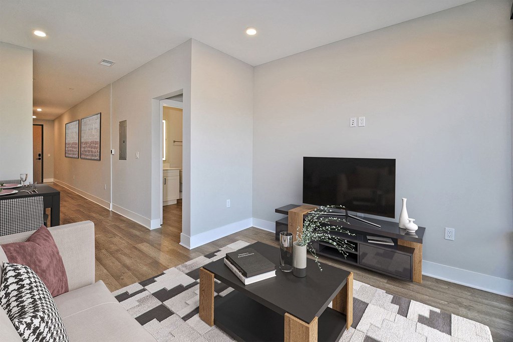 a living room with a couch and a coffee table and a television
