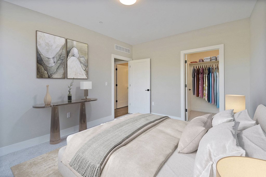 a bedroom with a large bed and a closet