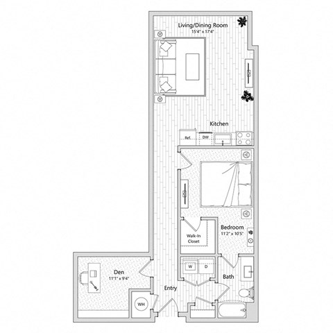 floor plan of a 1 bed 1 bath apartment