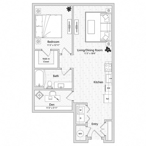 floor plan of a 1 bed 1 bath apartment
